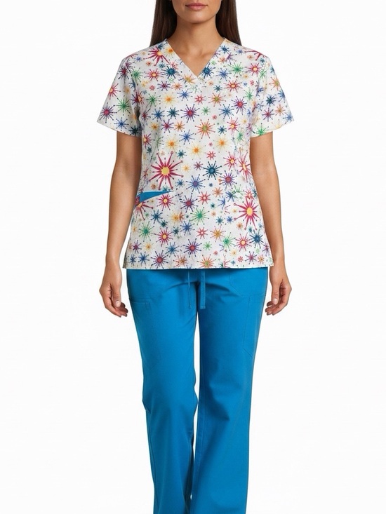 Dickies Tops - White & Blue Scrub Set With Multicolor Starburst Pattern